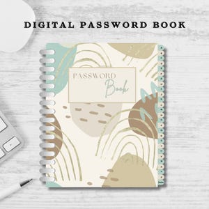 Könnte beinhalten: Ein digitales Passwortbuch mit einem weißen Cover und abstrakten Formen in Braun-, Beige- und Grüntönen. Das Cover hat goldene Akzente und den Text "PASSWORD Book" in schwarzer Schrift.