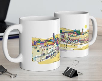 Mug Illustration Jérusalem 11 oz Beau cadeau juif ou souvenir Mug paysage urbain de Jérusalem Mug cadeau juif