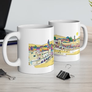 Taza con ilustración de Jerusalén, 11 oz, hermoso regalo o recuerdo judío, taza con paisaje urbano de Jerusalén, taza de regalo judío