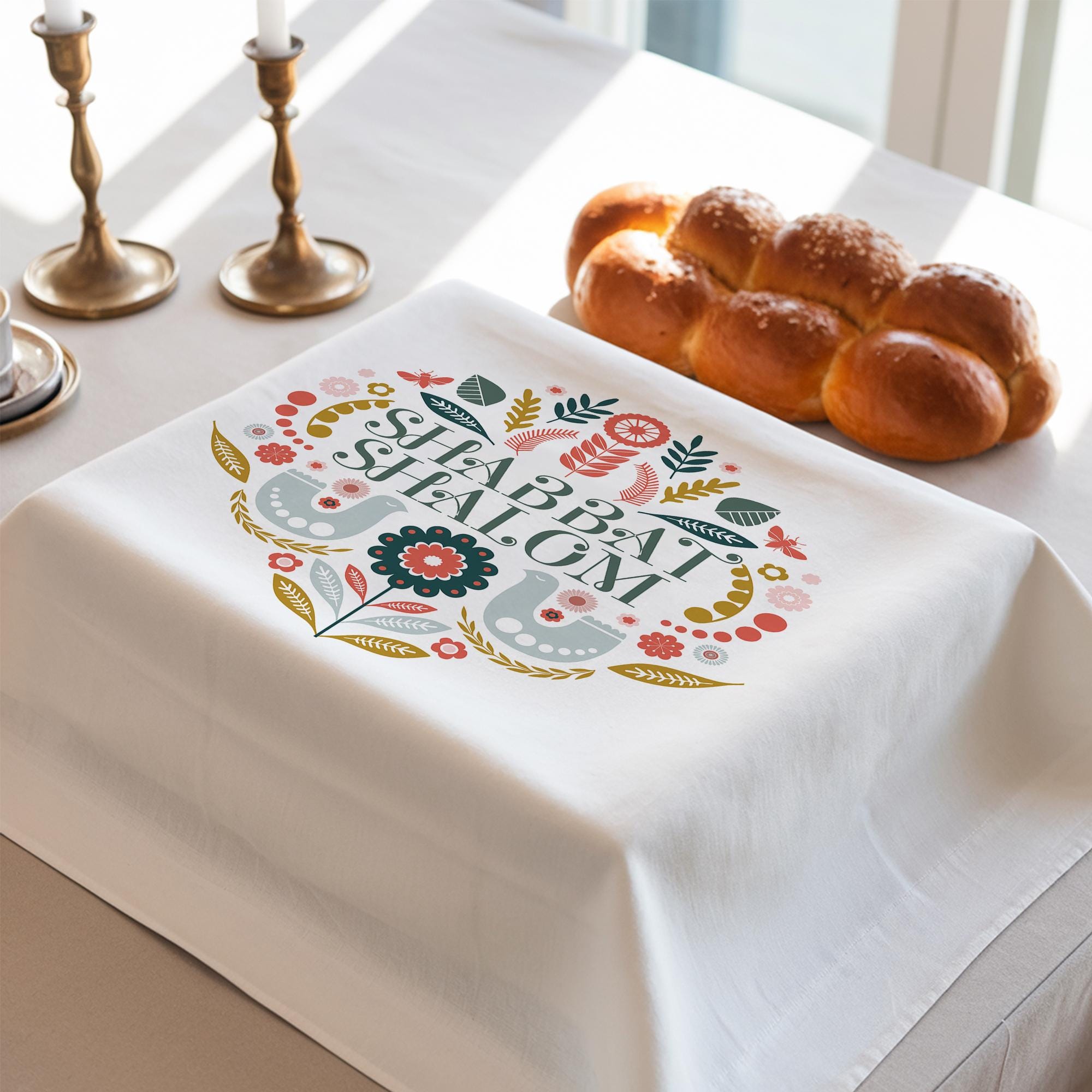 Couverture pour hallah : motif Shabbat Shalom moderne sur