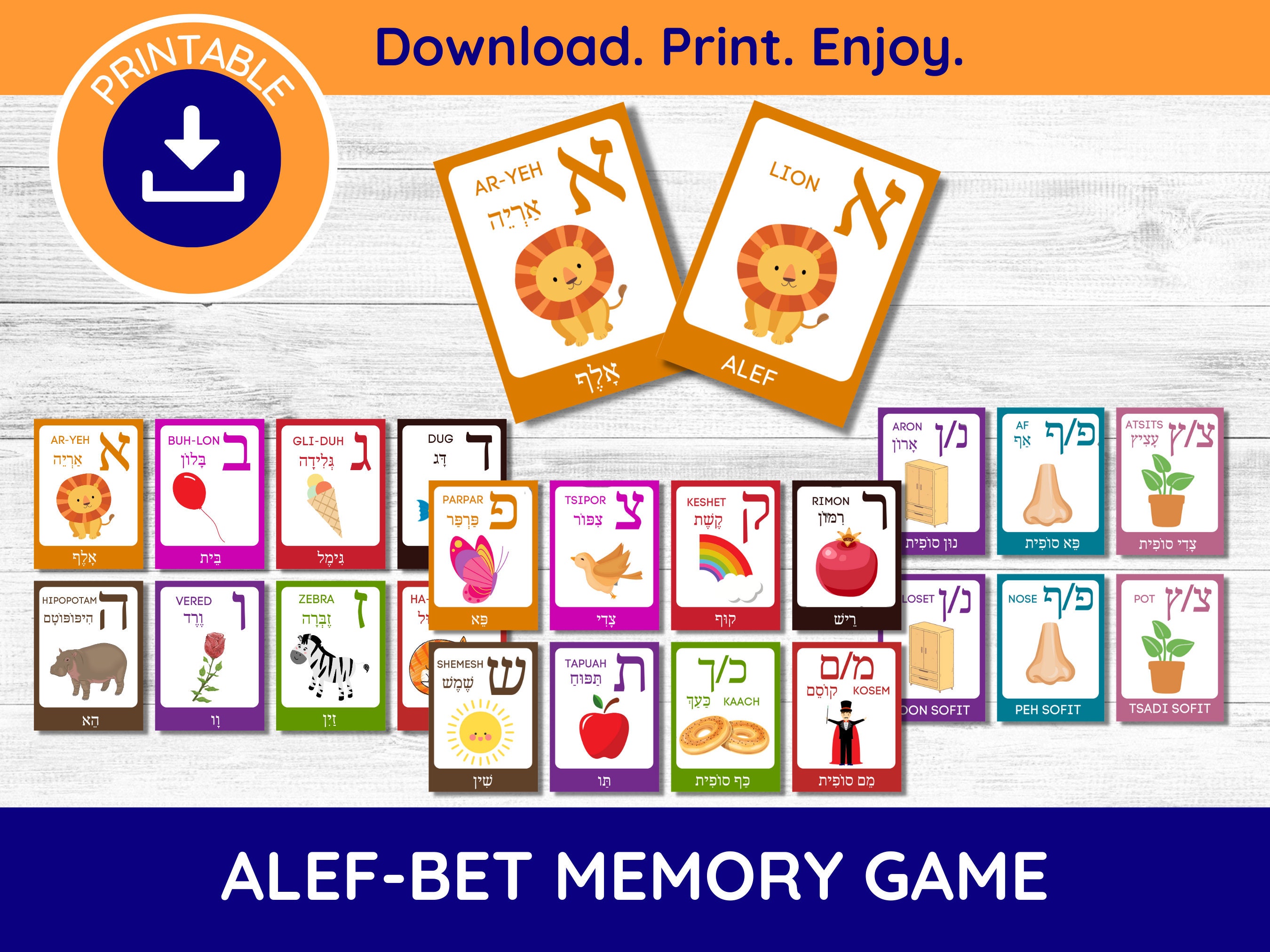 Hebrew Alphabet Memory Game Hebrew Flash Cards Hebrew Etsy