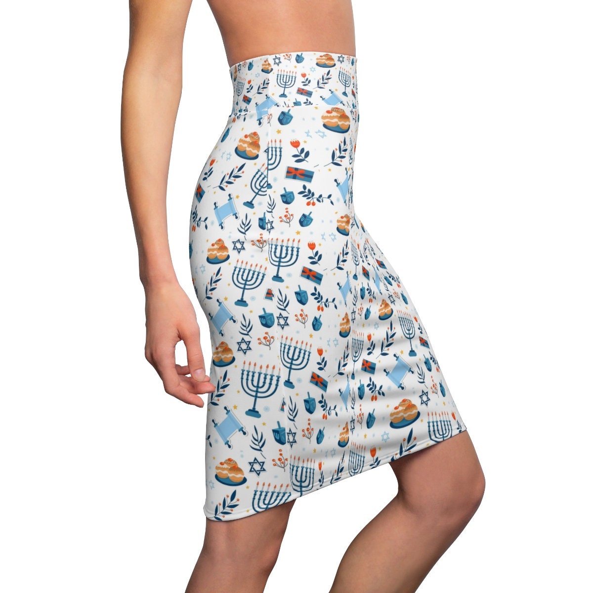 Hanukah Symbols Women's Pencil Skirt Women's Festival of Lights Skirt Jewish Holiday Skirt Jewish Celebration Skirt Modern Hanukkah Skirt