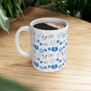 Taza de cerámica con elementos de Israel de 11 oz. Taza moderna con elementos de Israel, taza de café judía inspirada en el regalo perfecto para amigos y familiares judíos.