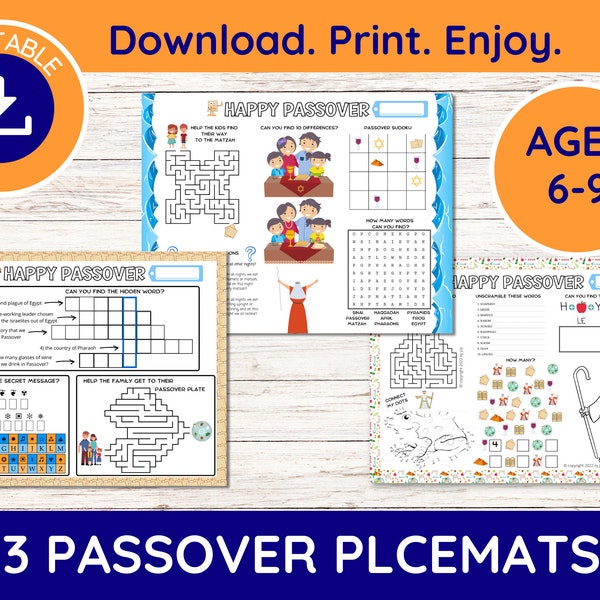 Printable Seder Placemats, Ages 6-9, Passover Activities, Passover Activity Book, Passover for Children, Passover Games, Passover for Kids