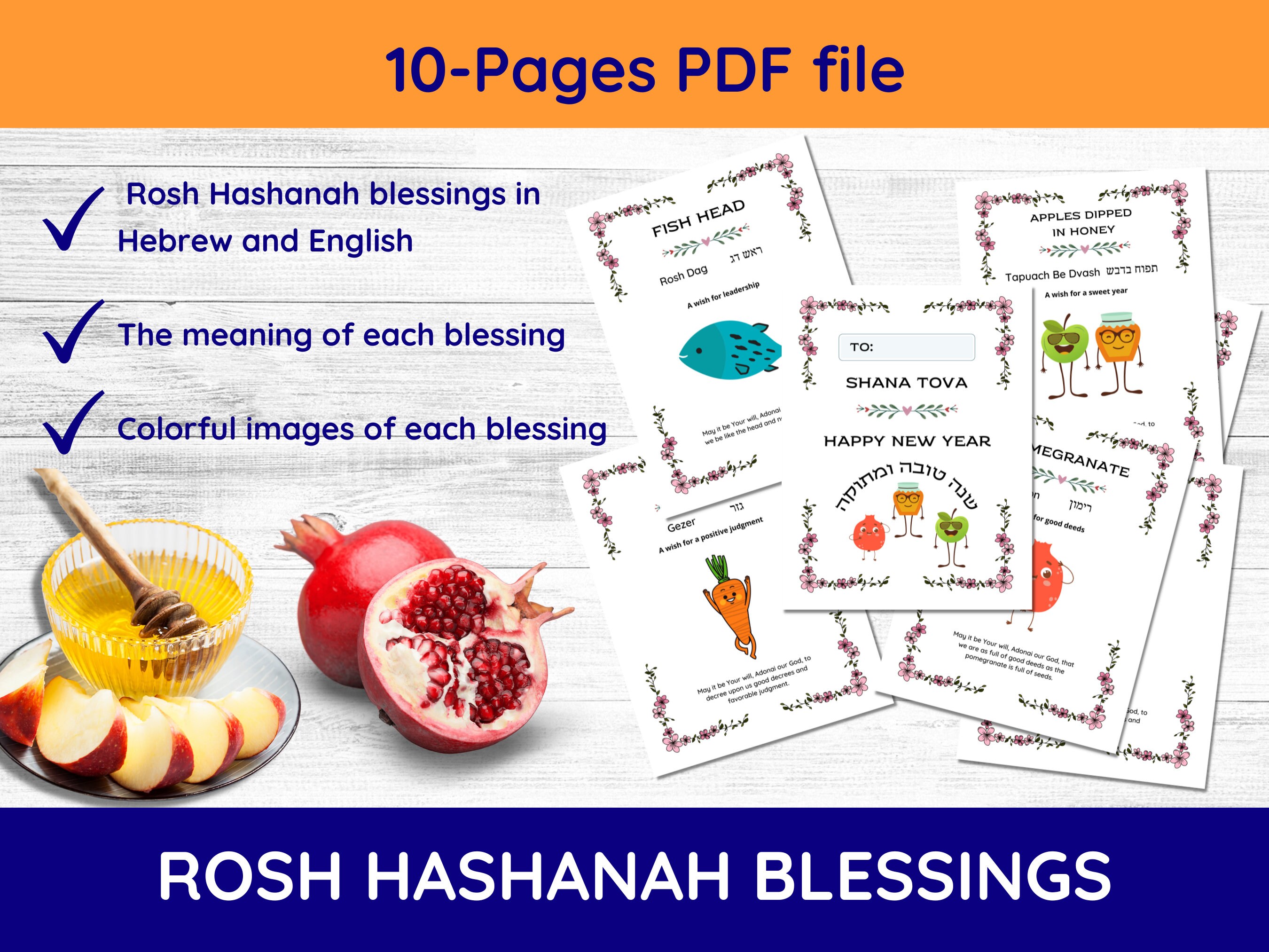 10pages Printable Rosh Hashanah Blessings for Kids, Rosh Hashanah Kids