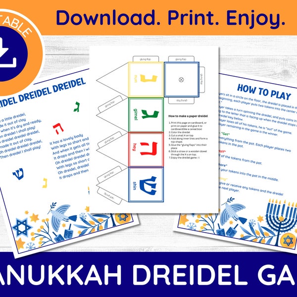 Printable DIY Hanukkah Dreidel Game, Dreidel Craft, Chanukah Activities, Printable Hanukkah Game, Dreidel Game, Chanukah Printable