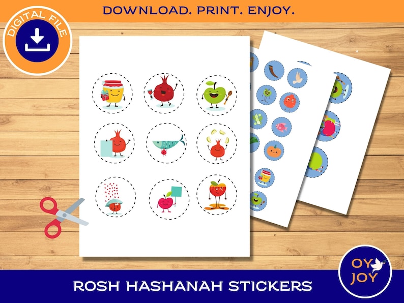 Rosh Hashana Stickers ~ Print at Home Jewish New Year Symbols Sticker ...