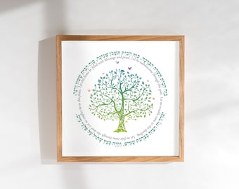 May include: A framed print with a green tree of life design and Hebrew text that reads "Let no troublesome conflict be in this place. Let this home be filled with blessings and peace. Let no fear come through this door, for joy and gladness shall come through this gate."