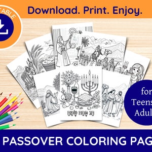 Puede incluir: Un conjunto de 20 páginas para colorear de Pascua para adolescentes y adultos. Las páginas presentan ilustraciones en blanco y negro de escenas de Pascua. La imagen incluye el texto "Download. Print. Enjoy." y "Printable". Se ven lápices de colores.