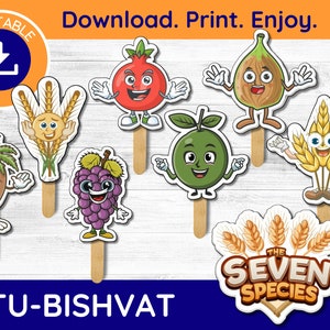 May include: Printable set of seven Tu Bishvat characters, each representing a different fruit or symbol of the holiday. The characters are colorful and cartoonish, with big eyes and smiles. The set includes a pomegranate, a fig, a date, a grape, a wheat stalk, an olive, and a citron.