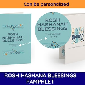 May include: A light blue pamphlet with the text "ROSH HASHANAH BLESSINGS" and "The Goldman Family." The pamphlet features floral and star designs. The words "Can be personalized" are at the top. The pamphlet is open to reveal a detailed illustration.