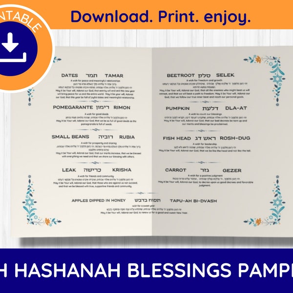 Printable Rosh Hashanah Blessings Pamphlet, Rosh Hashanah Card Printable, Rosh Hashanah Table, Jewish New Year Symbols, Rosh Hashanah Decor