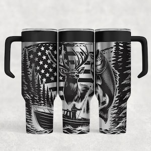40oz Hunting and fishing laser tumbler 40oz personalized white or black etched