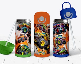 12oz stainless steel personalized monster truck water bottle for kids custom leak proof