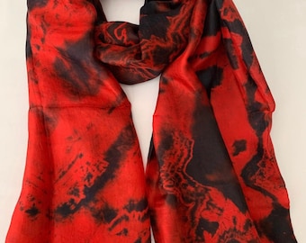 Mulberry Silk Scarf, Silk Scarves, 100% Silk, Soft Silk Scarf, Hand Dyed Scarf, Fine Silk Scarf, Pure Silk Scarf, Red Black Marble Scarf