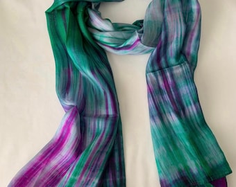 Silk Scarf, Silk Scarves, 100% Silk, Natural Silk Scarf, Smooth Scarf, Soft Scarf, Hand Dyed Scarf, Fine Silk Scarf, Purple Green Scarf