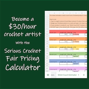 Crochet Fair Pricing Calculator - calculate labor time/cost, base cost with materials, and all markups from a stitch count or pattern