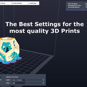 Op de afbeelding: Een 3D-model van een geometrische vorm wordt gesneden voor 3D-printen. De software toont de geschatte printtijd van 2 uur en 41 minuten en het geschatte materiaal van 13,69 g. De software toont ook het aantal lagen met 238 en het aantal stappen met 288. De tekst "The Best Settings for the most quality 3D Prints" wordt boven het model weergegeven.