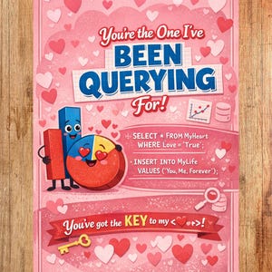 May include: A pink Valentine's Day card with the text "You're the One I've BEEN QUERYING For!" and a humorous database-themed design. The card features hearts, a key, and a pie chart.