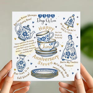 Tarjeta personalizada de 20.º aniversario de bodas de China: diseño de porcelana azul y blanca, juegos de palabras de amor atemporales, un elegante recuerdo para tu pareja.