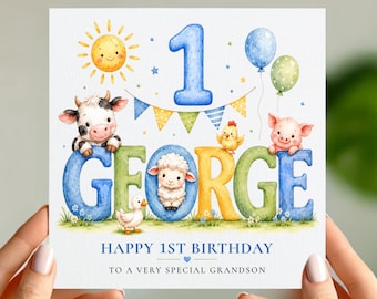 1st Birthday Card for Boy, Son or Grandson: Personalised Farm Animal Name Card