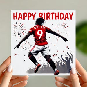 Gepersonaliseerde Manchester United-verjaardagskaart – gepersonaliseerd cadeau voetbalfan – naam en nummer toevoegen