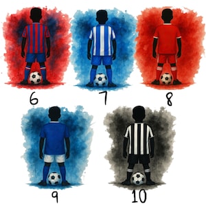May include: Watercolor illustrations of soccer players in various uniforms, each standing with a soccer ball. The uniforms are red, blue, and black with white accents. Each player is set against a colorful, abstract background.