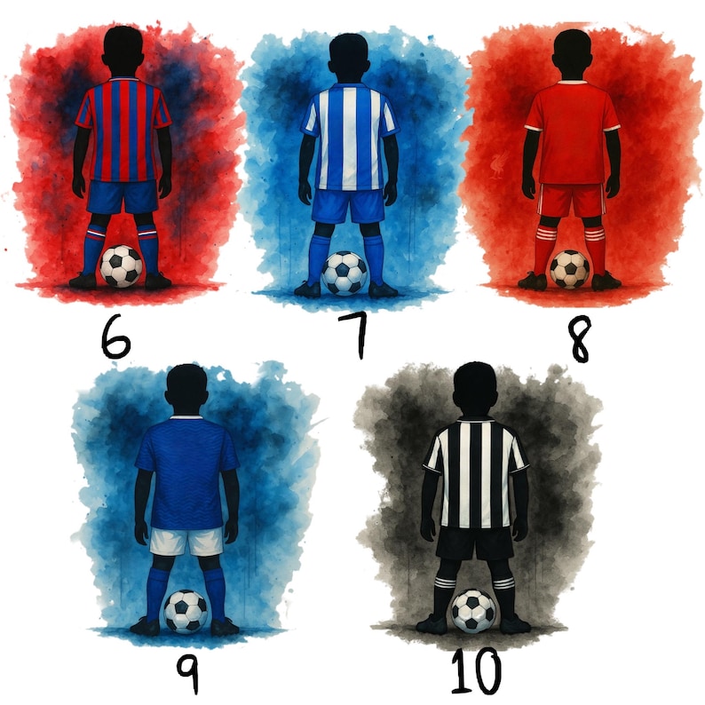 May include: Watercolor illustrations of soccer players in various uniforms, each standing with a soccer ball. The uniforms are red, blue, and black with white accents. Each player is set against a colorful, abstract background.
