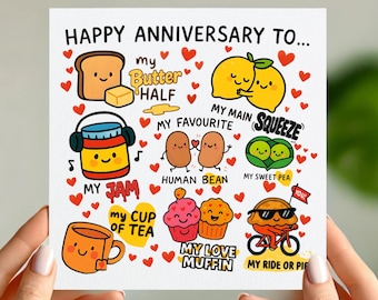 Grappige jubileumkaart | Foodie Love woordspelingen | Mijn hoofdknijper | Leuke kaart voor koppels | My Butter Half, Human Bean, Ride or Pie