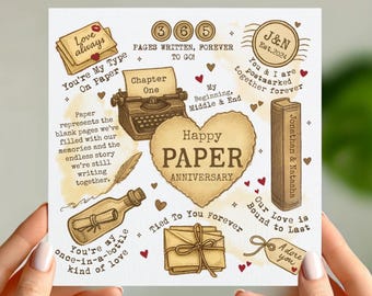 May include: A white card with a brown and red illustration of a typewriter, a heart, a book, a bottle, and a feather pen. The text on the card reads "Happy Paper Anniversary" and "You're my once-in-a-bottle kind of love".