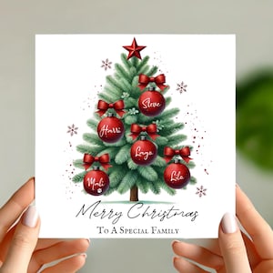 Personalised Christmas Card Tree Family Names Card - Holiday Greeting Red