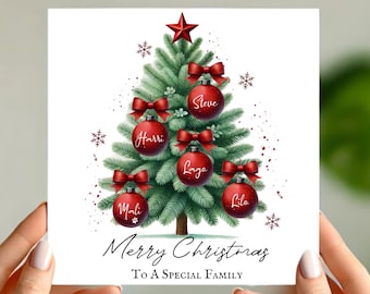 Biglietto d'auguri personalizzato per l'albero di Natale - Nomi di famiglia personalizzati - Buon Natale a una famiglia speciale