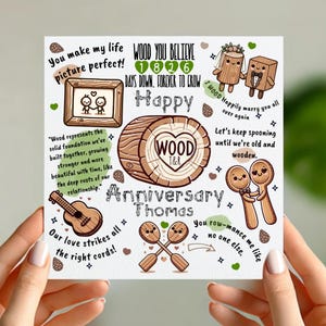 Biglietto di auguri personalizzato per il 5° anniversario in legno - Divertente regalo di nozze in legno per marito o moglie - Grazioso design giocoso