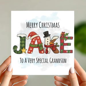 Biglietto di Natale personalizzato con qualsiasi nome, design con lettere festive, biglietto di Natale personalizzato per nipote, nipote, figlio, figlia, nipote, nipote ecc.
