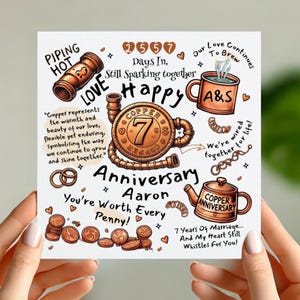 Tarjeta divertida para el séptimo aniversario de cobre: regalo personalizado para esposo o esposa. Diseño adorable y con un toque de humor.