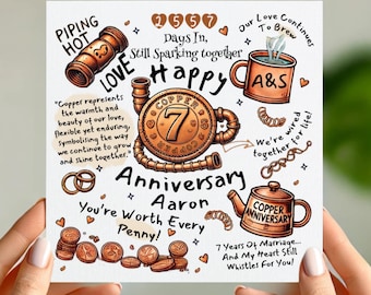 Funny 7th Copper Anniversary Card – Personalised Gift for Husband or Wife – Cute & Punny Design