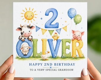 Biglietto di auguri personalizzato per il secondo compleanno con animali della fattoria e nome a scelta
