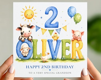 Carte d'anniversaire personnalisée sur le thème des animaux de la ferme (2 ans) avec prénom personnalisé