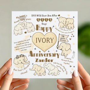Ivory 14. Hochzeitstag Karte - niedliches Elefanten-Design - personalisierte 14 Jahre verheiratet Karte für Ehemann, Ehefrau oder Partner