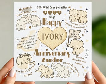 Tarjeta de 14.º aniversario de bodas color marfil con un bonito diseño de elefante. Tarjeta personalizada de 14 años de casados para esposo, esposa o pareja.