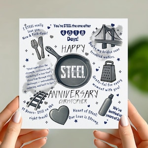 Tarjeta de aniversario de acero – 11.º aniversario de bodas – Tarjeta con un divertido juego de palabras para él o ella – Diseño de corazón de acero – Regalo personalizado