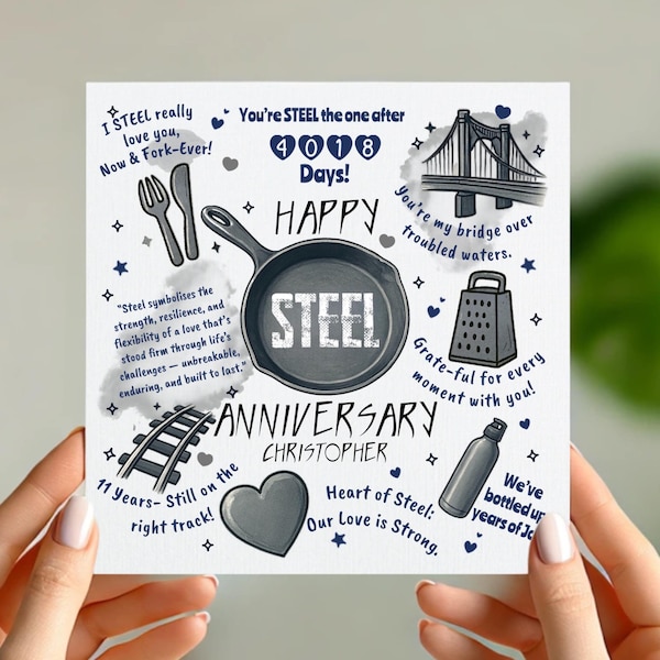 Steel Anniversary Card – 11th Wedding Anniversary – Funny Pun Card for Him or Her – Heart of Steel Design – Personalised Gift