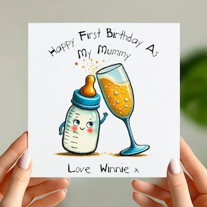 Carte personnalisée pour le premier anniversaire de maman et bébé - Jolie bouteille avec champagne