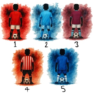 May include: Watercolor illustrations of five soccer players in various uniforms, each standing with a soccer ball. The players are silhouetted in black, set against colorful, abstract backgrounds of red, blue, and maroon.