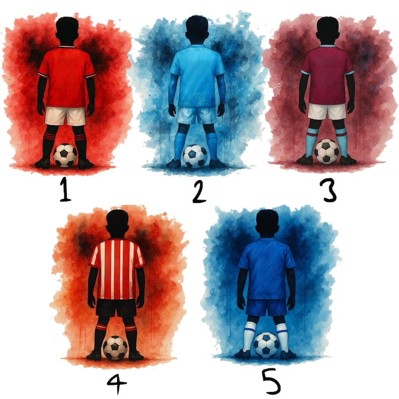 May include: Watercolor illustrations of five soccer players in various uniforms, each standing with a soccer ball. The players are silhouetted in black, set against colorful, abstract backgrounds of red, blue, and maroon.
