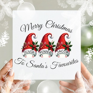 "Personalisierte Weihnachts-Wichtel-Weihnachtskarte - ""Benutzerdefinierte Familiennamen"" - Familien-Weihnachtskarte ""To Santa’s Favourites"."