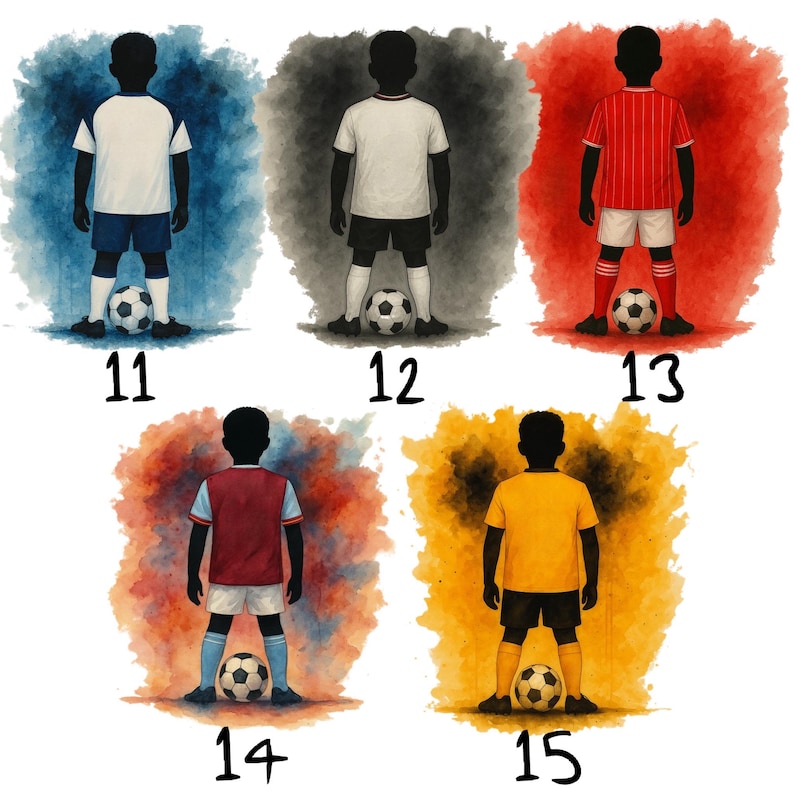 May include: Watercolor illustrations of five soccer players in various uniforms, each standing with a soccer ball. The players are silhouetted, with numbers 11-15 below each figure. The backgrounds are colorful watercolor washes.