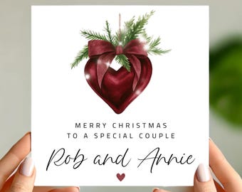 Personalised Couple Christmas Card | Elegant Heart Bauble Design | Custom Names Colours | Touch of Furness
