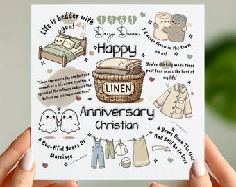Personligt 4-årsjubileumskort i linne – Anpassat minne för honom eller henne – Söt illustrerad design
