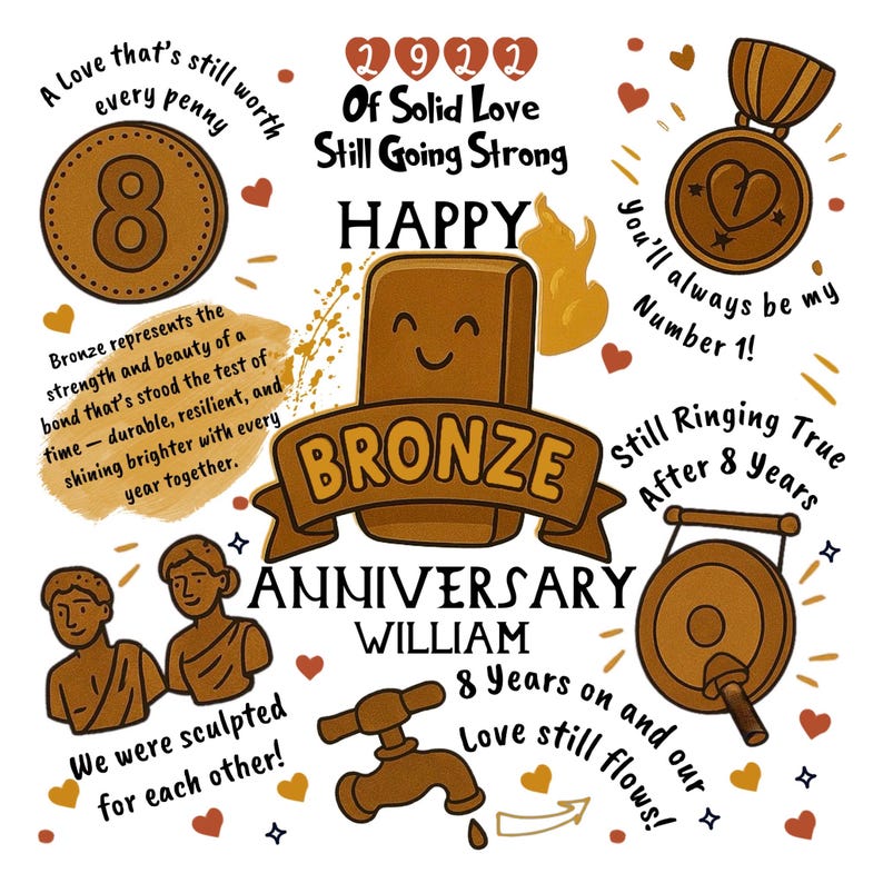 K&ouml;nnte beinhalten: Eine Illustration einer Bronze-Jubil&auml;umskarte mit dem Text "2922 Of Solid Love Still Going Strong Happy Bronze Anniversary William 8 Years on and our Love still flows!" und verschiedenen Illustrationen von Herzen, einer Medaille, einem Gong und einem Wasserhahn.
